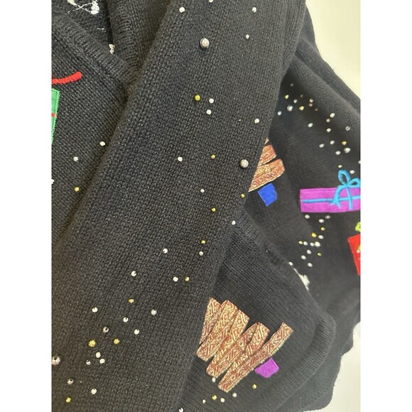 Vintage Black Christmas Cardiagn Petite Large Front Back Holiday Graphic Festive - Picture 9 of 13